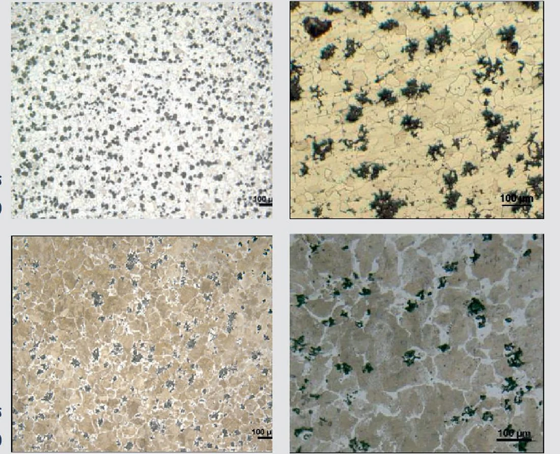 Microstructure of ferritic and pearlitic blackheart malleable cast iron at 100x and 500x magnification
