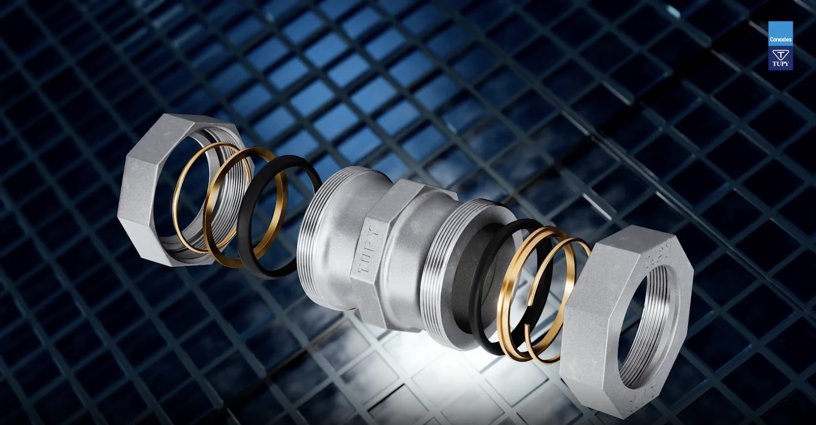 Exploded view of a TUPYPRES press fitting from TUPY Brazil showing the body, the end nuts and the internal rings